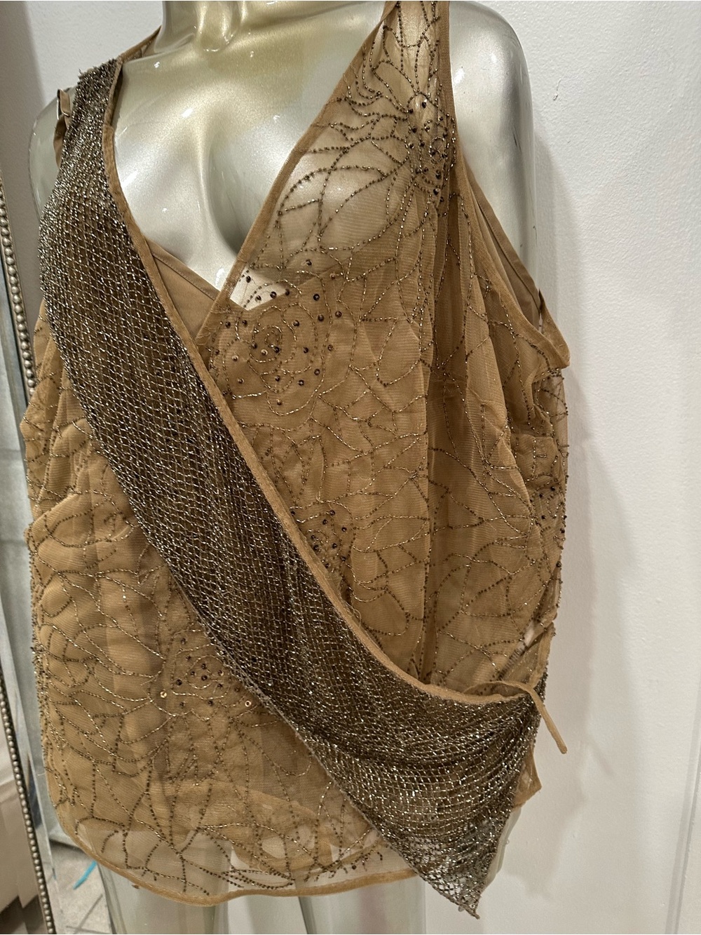 Lauren Ralph Lauren Taupe Beaded Mesh Cowl Neck Camisole